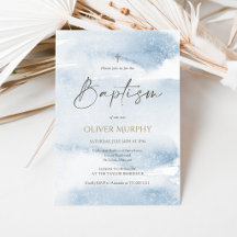 Blue Watercolor Boy Baptism Invitation Card