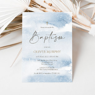 Blue Watercolor Boy Baptism Invitation Card
