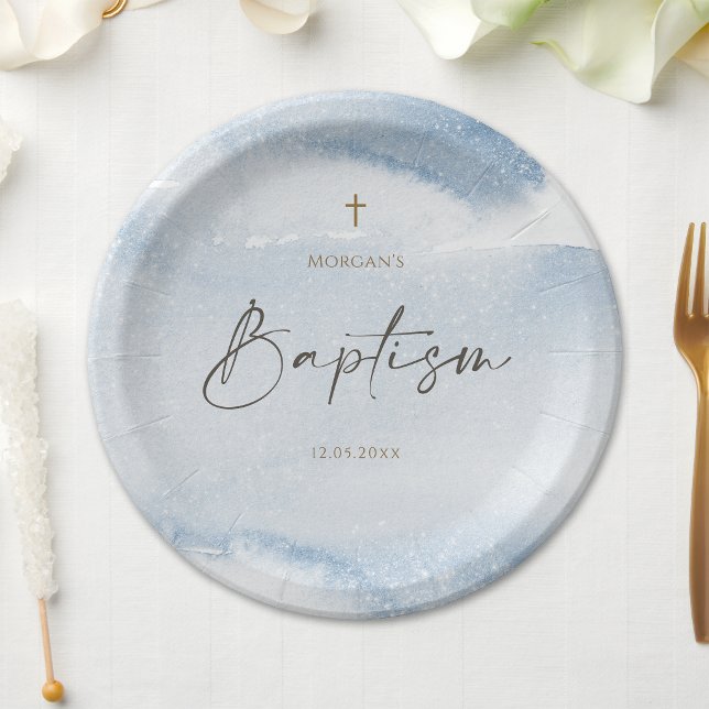 Blue Watercolor Boy Baptism Paper Plates (Blue Watercolor Boy Baptism Paper Plates)