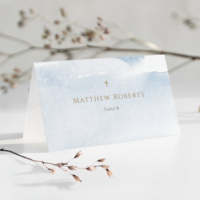 Blue Watercolor Boy Baptism Place Card (Blue Watercolor Boy Baptism Place Card)
