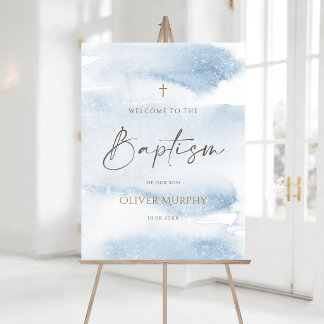 Blue Watercolor Boy Baptism Welcome Sign