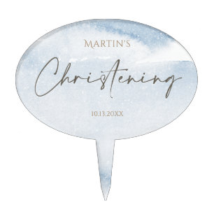 Blue Watercolor Boy Christening Cake Topper
