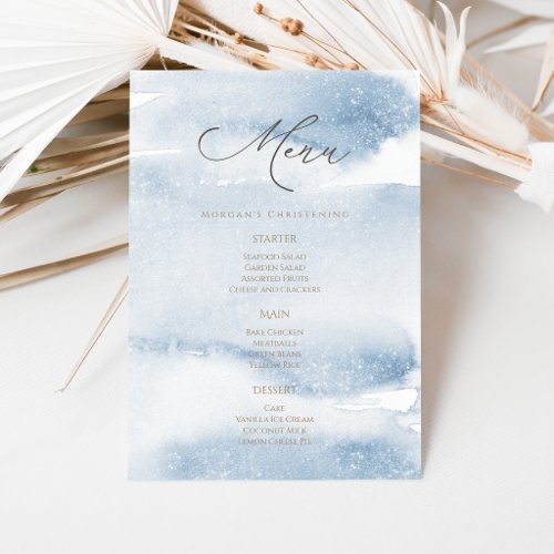 Blue Watercolor Boy Christening Menu Card