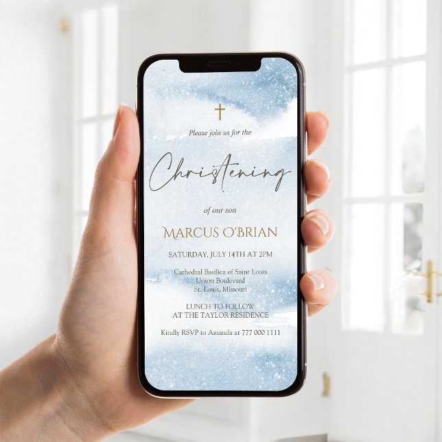 Blue Watercolor Boy Christening Mobile Invite (Blue Watercolor Boy Christening Mobile Invite)