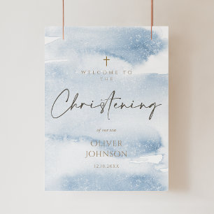 Blue Watercolor Boy Christening Welcome Poster