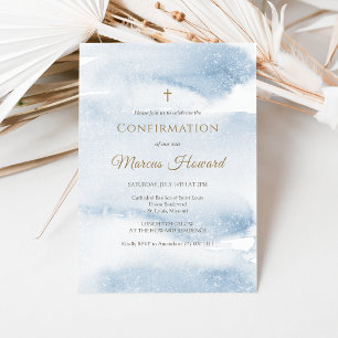 Blue Watercolor Boy Confirmation Invitation Card