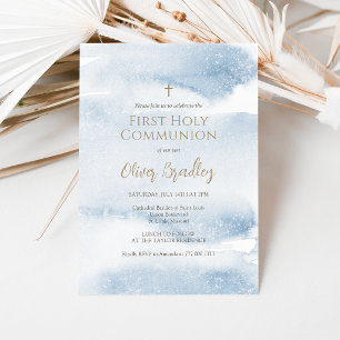 Blue Watercolor Boy First Communion Invitation