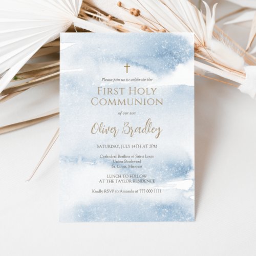 Blue Watercolor Boy First Communion Invitation