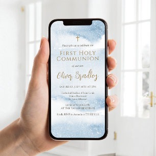 Blue Watercolor Boy First Communion Mobile Invite