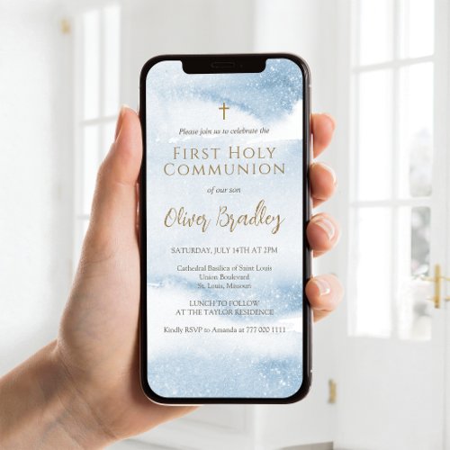 Blue Watercolor Boy First Communion Mobile Invite