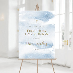 Blue Watercolor Boy First Communion Welcome Sign