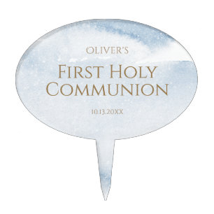 Blue Watercolor Boy First Holy Communion Cake Topper