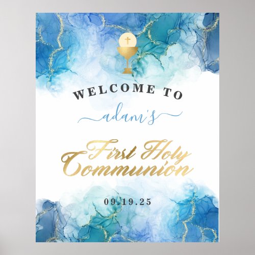 Blue Watercolor Boy First Holy Communion Welcome Poster