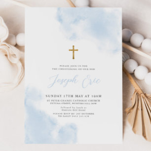 Blue Watercolor Boy Gold Cross Christening Baptism Invitation