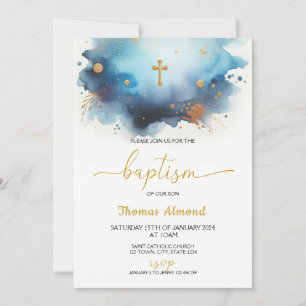 Blue Watercolor Boys Gold Baptism Invitation
