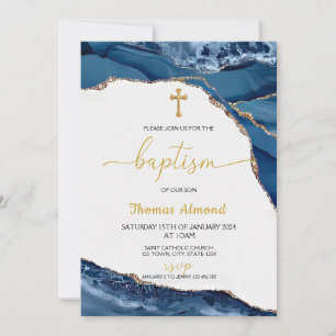Blue Watercolor Boys Gold Baptism Invitation