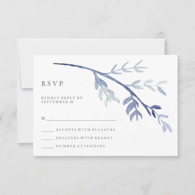 Blue Watercolor Branch Wedding RSVP Card (Front)