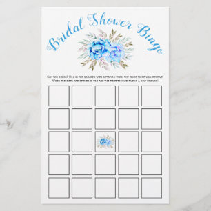 Blue watercolor bridal shower bingo game card flyer