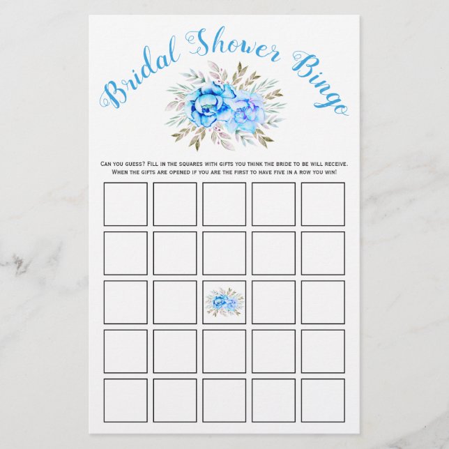 Blue watercolor  bridal shower bingo game card flyer (Front)