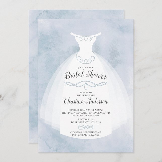 Blue Watercolor Bride Gown Bridal Shower Invitation (Front/Back)