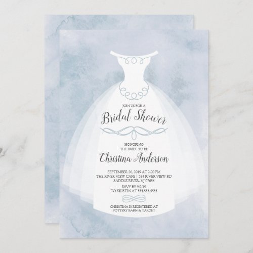 Blue Watercolor Bride Gown Bridal Shower Invitation