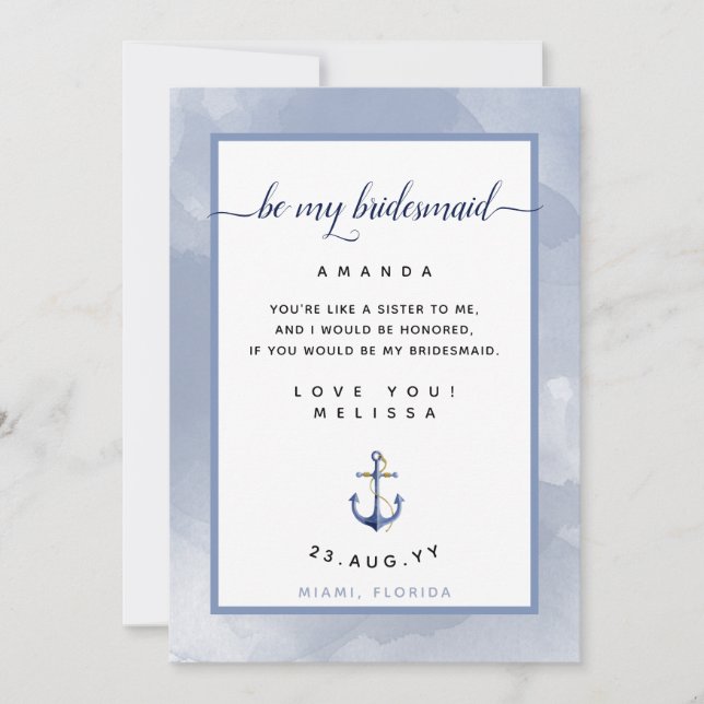 Blue Watercolor Bridesmaid Proposal #Nautical Card (Front)