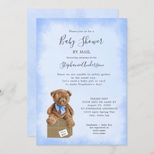 Blue Watercolor Brown Bear Baby Shower by Mail Invitation