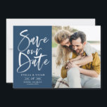 Blue Watercolor Brush Calligraphy Photo Save The Date<br><div class="desc">Blue Watercolor Brush Calligraphy Photo Save Our Date Card | Announce to family and friends your wedding date with this customizable save the date flat card. It features hand-lettered modern calligraphy on navy blue background. This stylish photo save the date card is perfect for any wedding season and theme. Other...</div>