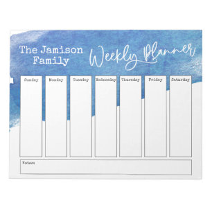 Blue Watercolor Brushstroke Weekly Planner Notepad