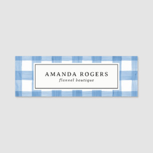 Blue Watercolor Buffalo Plaid Flannel employee Name Tag
