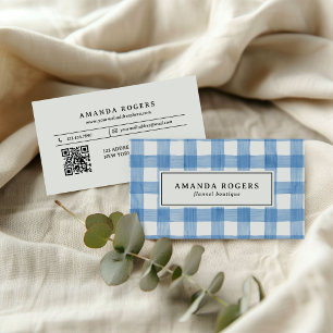 Blue Watercolor Buffalo Plaid QR CODE FLANNEL Business Card