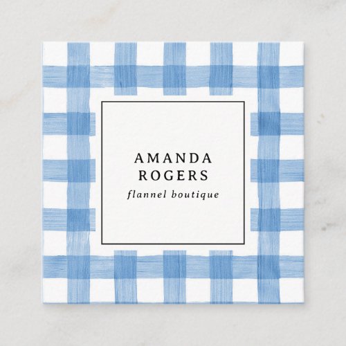 BLUE Watercolor Buffalo Plaid QR CODE modern  Square Business Card