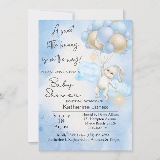 Blue Watercolor Bunny Rabbit Balloons Baby Shower  Invitation (Front)