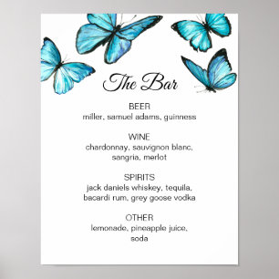 Blue watercolor butterf wedding bar. Alcohol drink Poster