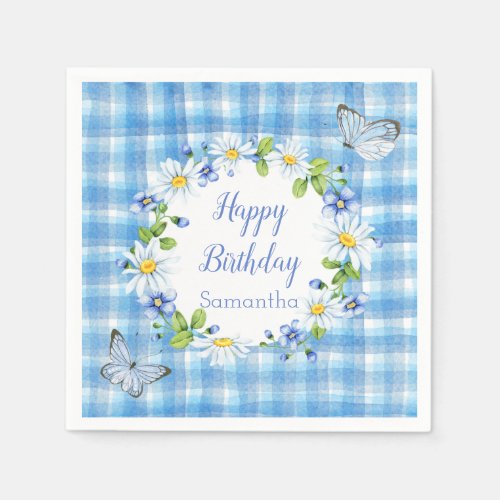 Blue Watercolor Butterflies And Flowers Birthday Napkins