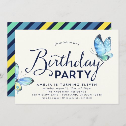 Blue Watercolor Butterflies Birthday Invitation