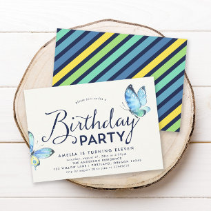 Blue Watercolor Butterflies Birthday Invitation