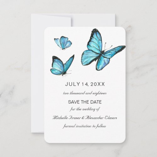 Blue watercolor butterflies Modern save the date Invitation