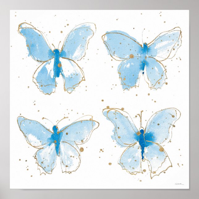 Blue Watercolor Butterflies Poster (Front)
