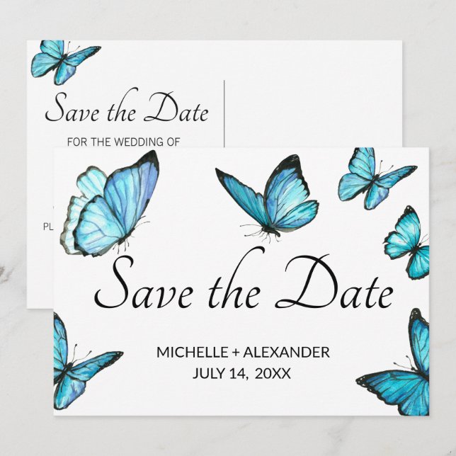 Blue watercolor butterflies save the date card (Front/Back)