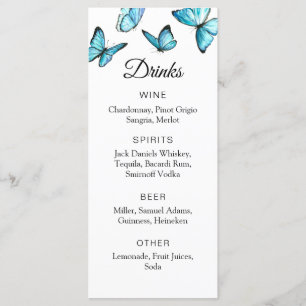Blue watercolor butterflies. Simple wedding Bar Me Menu