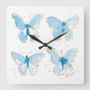 Blue Watercolor Butterflies Square Wall Clock