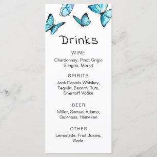 Blue watercolor butterflies. Stylish wedding Bar M Menu