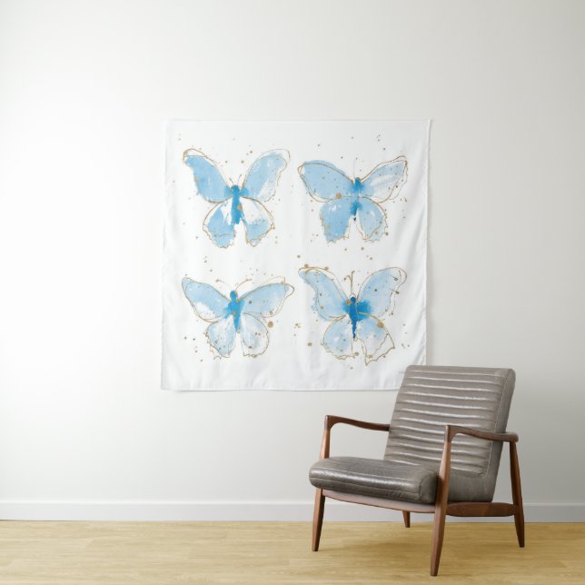 Blue Watercolor Butterflies Tapestry (In Situ (Horizontal))