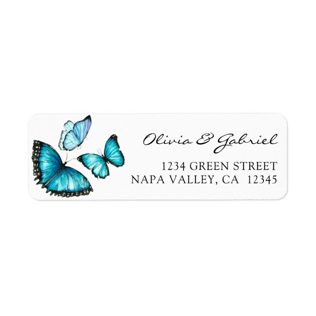 Blue watercolor butterflies wedding address label (Front)