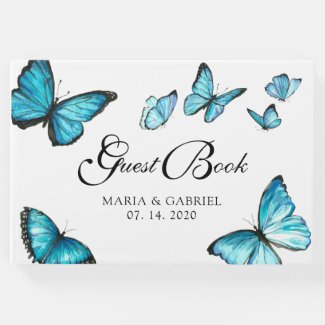 Blue watercolor butterflies Wedding Guest Book