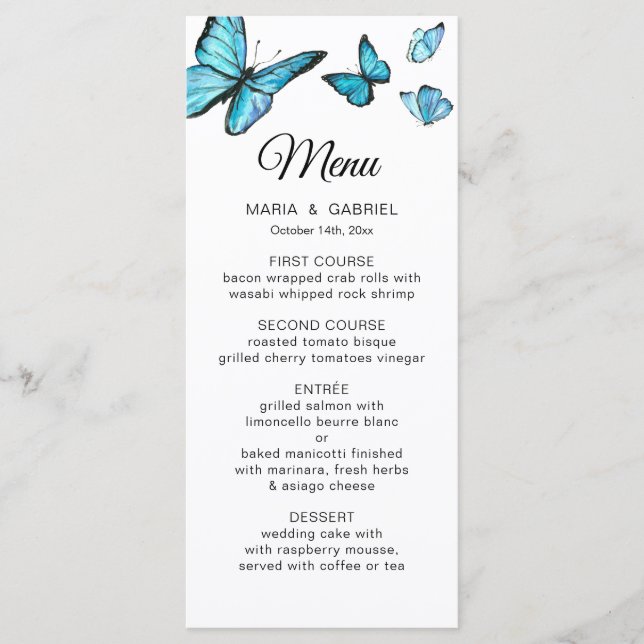 Blue watercolor butterflies Wedding Menu Card (Front)