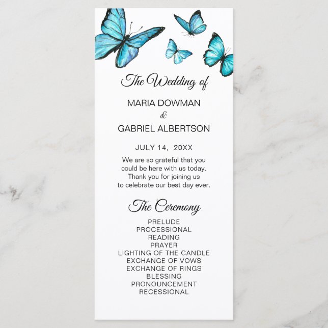 Blue watercolor butterflies Wedding Program (Front)