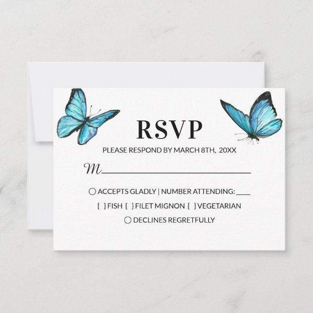 Blue watercolor butterflies wedding RSVP (Front)