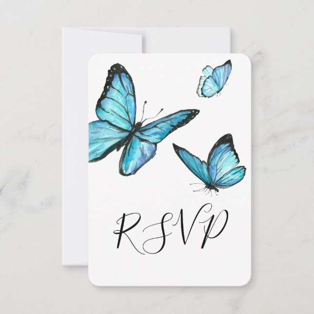 Blue watercolor butterflies wedding RSVP Card (Front)
